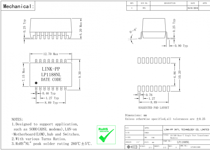 H1601CG LAN磁気学LP1102NL 10/100Base-TのイーサネットSMT変圧器