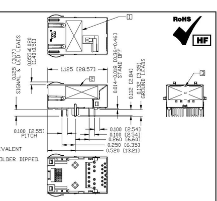 Ledsが付いている1X1港の薄型RJ45磁気コネクターの下のL8BJ-1K1T-KDE 2.5Gの基盤Tタブ